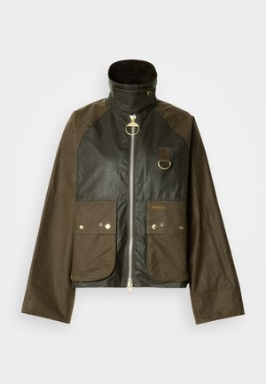 Waxed cotton jacket in dark green and brown, featuring a high collar, zip closure, two front pockets, and gold-tone hardware accents.