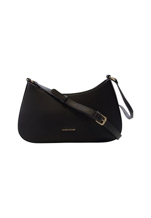 Borsa a spalla nera in pelle con un design elegante, accessori in oro e una tracolla regolabile. Presenta una finitura testurizzata e il logo del brand sulla parte anteriore.