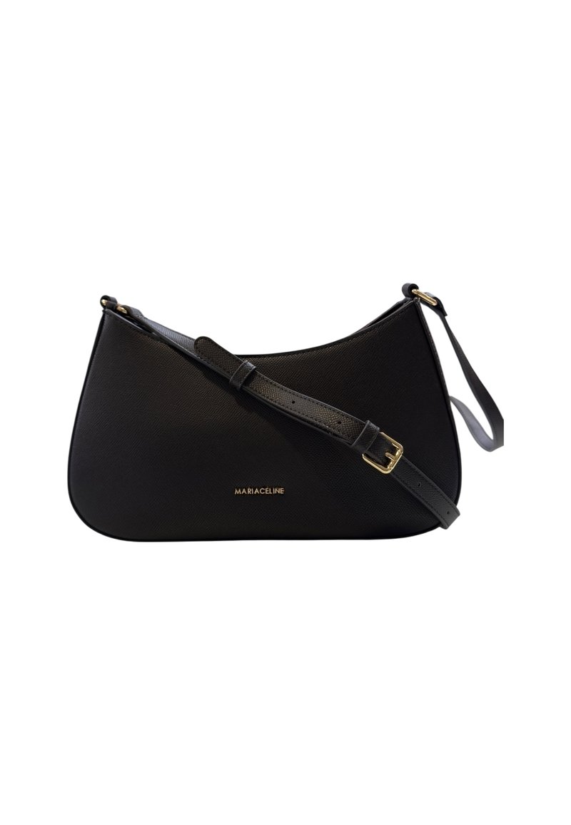 Borsa a spalla nera in pelle con un design elegante, accessori in oro e una tracolla regolabile. Presenta una finitura testurizzata e il logo del brand sulla parte anteriore.