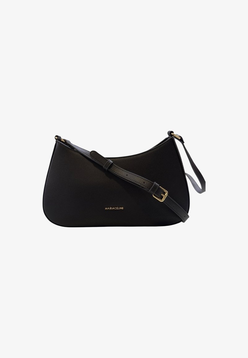 Borsa a spalla nera in pelle con un design elegante, accessori in oro e una tracolla regolabile. Presenta una finitura testurizzata e il logo del brand sulla parte anteriore.