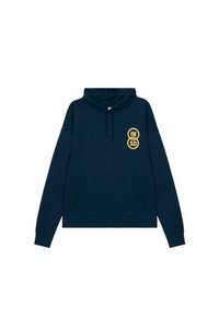 Sudadera con capucha azul marino hecha de tela suave, con un bolsillo delantero, capucha ajustable con cordón y un gráfico amarillo "INSD" en el pecho.