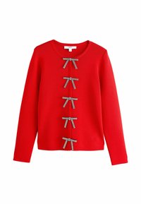 Red sweater with long sleeves, round neckline, and six decorative gray fabric bows along the front. Soft knit material, casual fit.