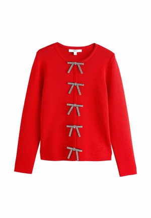 Red sweater with long sleeves, round neckline, and six decorative gray fabric bows along the front. Soft knit material, casual fit.