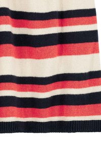 Gestreifter Strickpullover mit abwechselnden Bändern in Marineblau, Koralle, Rot und Creme. Weicher Stoff mit geripptem Saum.