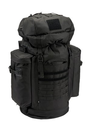 Sac à dos tactique noir avec plusieurs compartiments, sangles MOLLE sur le devant, poches latérales avec boucles et rabat supérieur sécurisé par des lanières.