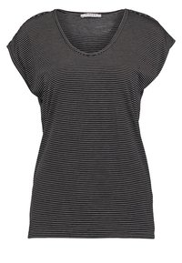 Svartvit randig kortärmad topp med rundad halsringning och avslappnad passform, tillverkad av ett mjukt, elastiskt material.