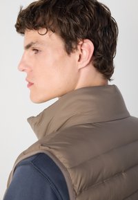 Bruine puffer vest met een hoge kraag, voorzien van gestikte ruiten en een gladde textuur. Draagt over een donkerblauw longsleeve shirt.