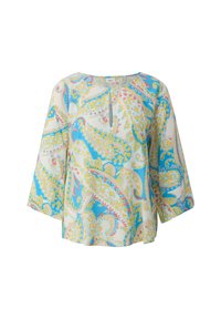 Losse blouse van lichtgewicht stof, met een paisleypatroon in blauwe, gele en roze accenten. Driekwart mouwen en een ronde hals.
