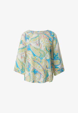 Lässige Bluse aus leichtem Material mit Paisleymuster in Blau-, Gelb- und Pinktönen. Dreiviertelärmel und runder Ausschnitt.