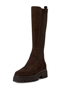 Brauner kniehoher Wildlederstiefel mit dicker Sohle, elastischen Einsätzen und kontrastierender Naht. Das Design verfügt über eine Zuglasche oben.