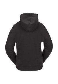 Haut à capuche noir de conception pull-over, avec un ourlet et des poignets côtelés, et une grande capuche douce. Le tissu semble lisse et texturé.