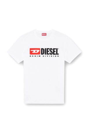White cotton t-shirt featuring a round neck, short sleeves, and a bold black and red "DIESEL DENIM DIVISION" logo on the front.