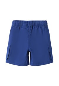 Pantalones cortos de carga azules con cinturilla elástica, bolsillos laterales y una tela suave y ligera. Presentan un corte recto y sin patrones visibles.