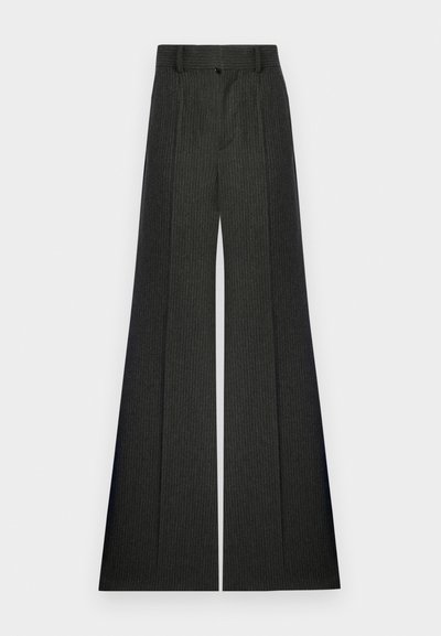 Wide-leg trousers in dark gray with a pinstripe pattern. Tailored design featuring a high waist and a traditional front closure.