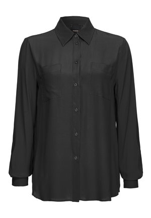 Camicia nera con bottoni realizzata in tessuto morbido. Presenta due tasche frontali, maniche lunghe e un colletto classico.