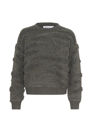 Gray cropped sweater with textured wave pattern, round neckline, and long sleeves. Made from a soft, plush material.