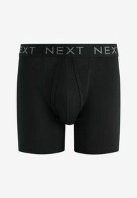 Schwarze Boxershorts mit glatter Textur, ausgestattet mit einem grauen elastischen Bündchen, auf dem das Wort "NEXT" eingeprägt ist. Kürzeres Bein-Design.