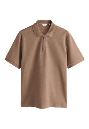 Polo marrone a maniche corte con colletto davanti con cerniera, realizzato in tessuto a maglia.