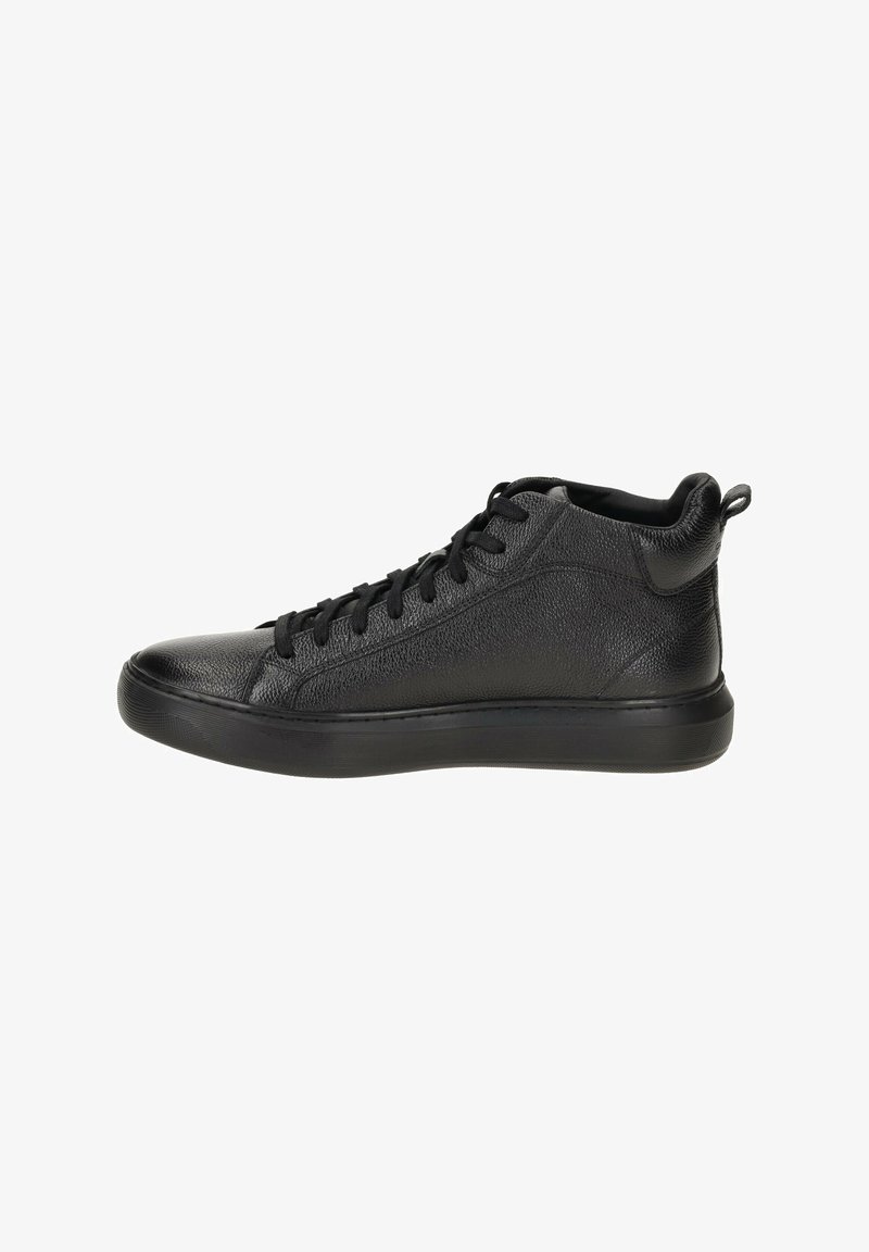 Black high-top sneakers made of textured leather, featuring a rounded toe, flat rubber sole, and reinforced back for support.