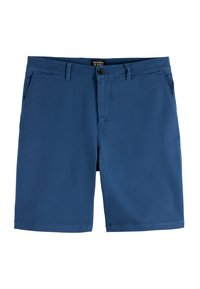 Blå shorts lavet af vævet stof med flad front, to sidelommer og knaplukning. Har en ren kant og syet talje.