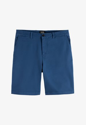 Pantaloni corti blu realizzati in tessuto intrecciato, con una parte anteriore piatta, due tasche laterali e chiusura con bottone. Presentano un orlo pulito e una cintura cucita.
