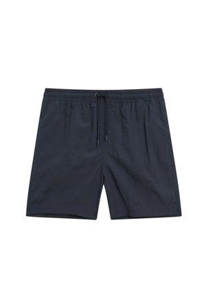 Shorts de bain navy avec une taille élastique, un cordon de serrage réglable et une texture lisse. Comprend des poches sur les coutures latérales et un modèle décontracté.