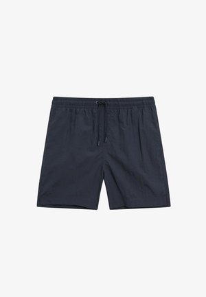 Marineblaue Schwimmshorts mit elastischem Bund, verstellbarem Kordelzug und glatter Textur. Verfügt über seitliche Nahttaschen und einen entspannten Schnitt.
