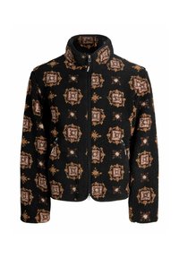 Giacca in pile nera con motivo ripetuto in marrone e crema, dotata di collo alto e chiusura con zip. Tessuto dalla texture notevole.