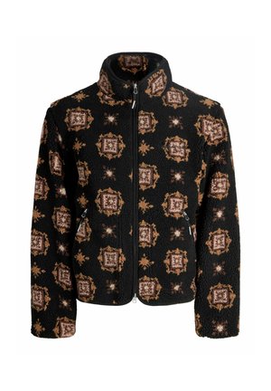 Czarna polarowa kurtka z powtarzającym się wzorem w brązach i kremie, z wysokim kołnierzem i zamkiem błyskawicznym. Ciekawa tekstura materiału.