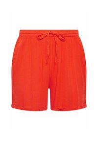 Czerwone szorty wykonane z lekkiego materiału z elastycznym pasem i sznurkiem do regulacji. Projekt charakteryzuje się luźnym krojem i gładką fakturą.
