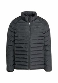 �Čierna prešívaná bunda s vysokým golierom, horizontálnym prešívaním, predným zipsom a bočnými vreckami. Obsahuje malé logo na hrudi.