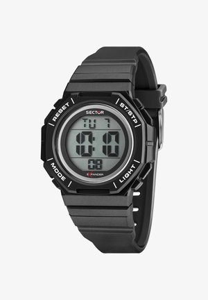 Orologio da polso digitale nero che mostra le 10:10, data martedì 7, con cinturino in gomma e pulsanti etichettati per reset, modalità, avvio/arresto e luce.