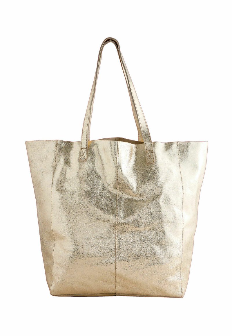 Guldmetallisk tote-väska med två stadiga handtag, en rymlig insida och slät textur; har en minimalistisk design och vertikal sömdekoration.