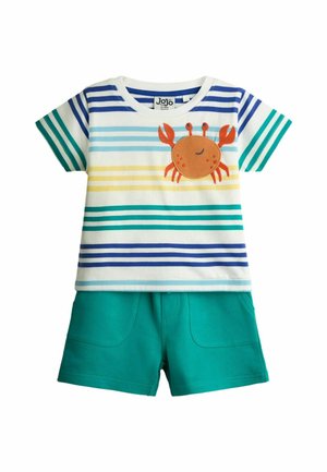 Detský dvojdielny komplet s tyrkysovými šortkami a pruhovaným tričkom s krátkym rukávom, na hrudi je vyšitý oranžový krab.