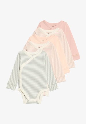 Sæt med fire langærmede babybodystockings i pastelfarver med horisontale striber og krydset halsudskæring med trykknapper. Blødt bomuldsstof.