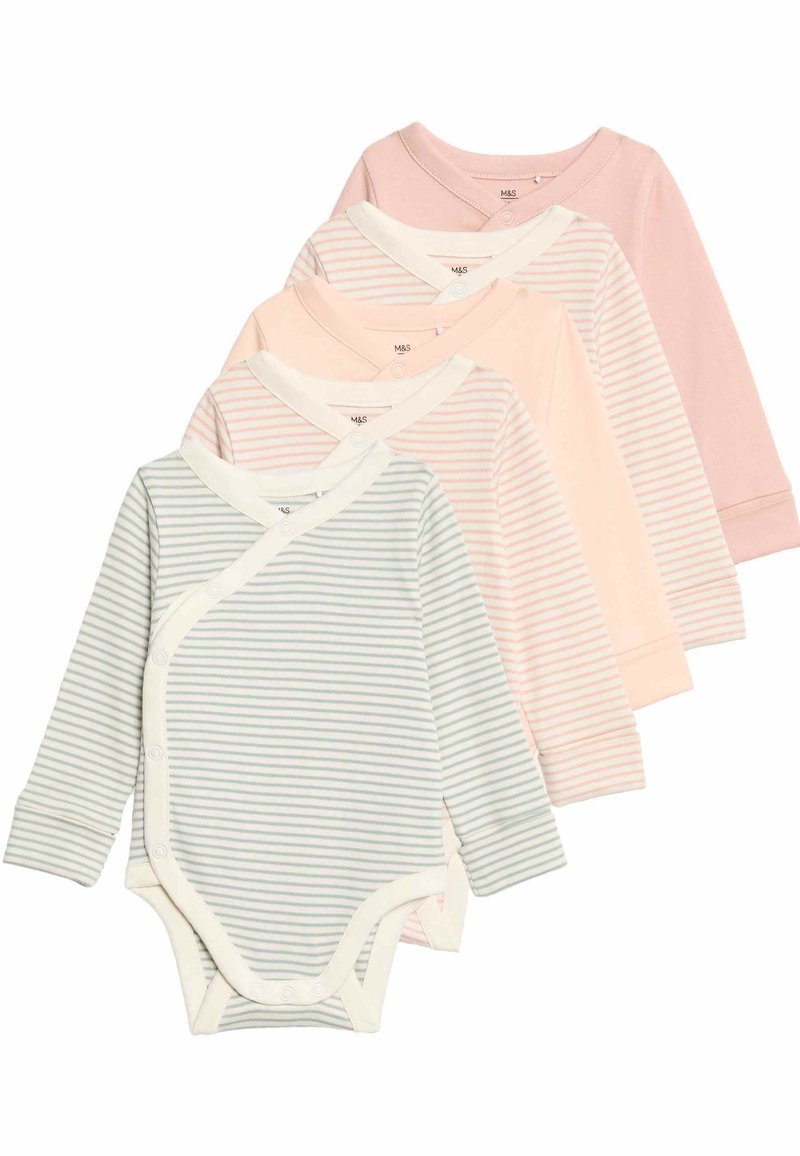 Sada čtyř kojeneckých body s dlouhým rukávem v pastelových barvách, s vodorovnými pruhy a překříženým výstřihem se zapínáním na druky. Měkká bavlněná látka.