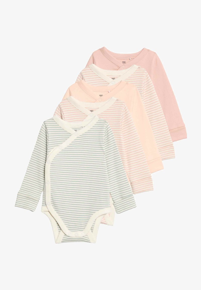 Sada čtyř kojeneckých body s dlouhým rukávem v pastelových barvách, s vodorovnými pruhy a překříženým výstřihem se zapínáním na druky. Měkká bavlněná látka.