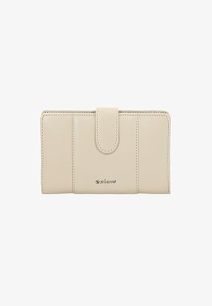 Beige bőr pénztárca téglalap alakú, patentos záródással, dombornyomott márkanevével és finom varrási részletekkel.