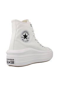 Baskets montantes blanches Converse All Star avec logo étoile noir et semelle blanche épaisse, vues de dos et de côté sur fond blanc.