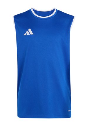 Niebieska sportowa koszulka bez rękawów z białym obszyciem wokół dekoltu i otworów na ręce, z białym logo Adidas na piersi.