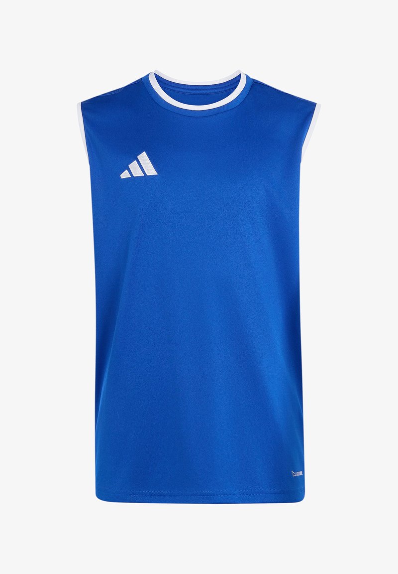 Haut de sport sans manches bleu avec bordure blanche autour du cou et des emmanchures, avec un logo blanc Adidas sur la poitrine.