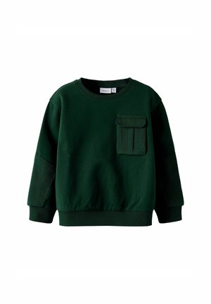 Felpa verde scuro con scollatura rotonda, maniche lunghe e tasca frontale a pattina. Presenta polsini e orlo a coste, realizzata in tessuto morbido.