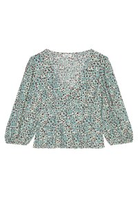 Blus med blommönster i ljus teal, med V-hals, långa puffärmar och en instoppad midja. Tillverkad av lättviktsmaterial.