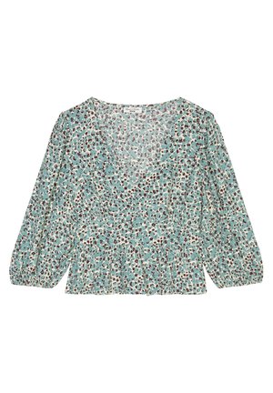 Blouse à imprimé floral en bleu-vert clair, avec un décolleté en V, des manches longues à volants et une taille froncée. Fabriquée en tissu léger.
