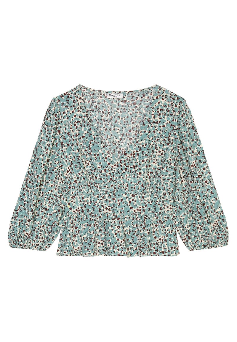 Blus med blommönster i ljus teal, med V-hals, långa puffärmar och en instoppad midja. Tillverkad av lättviktsmaterial.