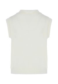 Mouwloos wit gebreid sweatervest met geribde kraag, armsgaten en zoom, van achteren weergegeven op een effen achtergrond.