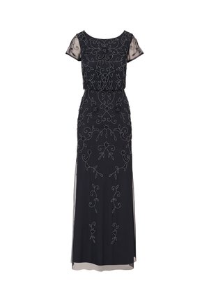 Abito nero lungo fino al pavimento con maniche corte trasparenti e ricami floreali intricati con perline su tutta la superficie.