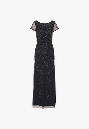 Zwarte avondjurk tot op de vloer met doorschijnende korte mouwen en ingewikkelde geborduurde bloemenpailletten over de hele jurk.
