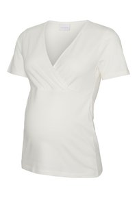 Λευκό μπλουζάκι εγκυμοσύνης με κοντά μανίκια, σχεδιασμένο με τύπο ντυσίματος και v-λαιμόκοψη. Κατασκευασμένο από μαλακό, ελαστικό ύφασμα, με ομαλή υφή και εφαρμοστό σιλουέτα.