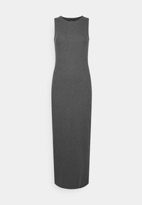 Abito maxi grigio senza maniche, realizzato in tessuto elasticizzato, con scollatura rotonda e design aderente che arriva fino alle caviglie.